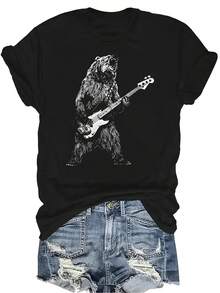 Camiseta con diseño de oso tocando bajo eléctrico para mujeres y unisex, de verano, casual, transpirable, de cuello redondo, de manga corta, de estilo urbano y versátil, adecuada para adolescentes y adultos - Negro - Ver 1