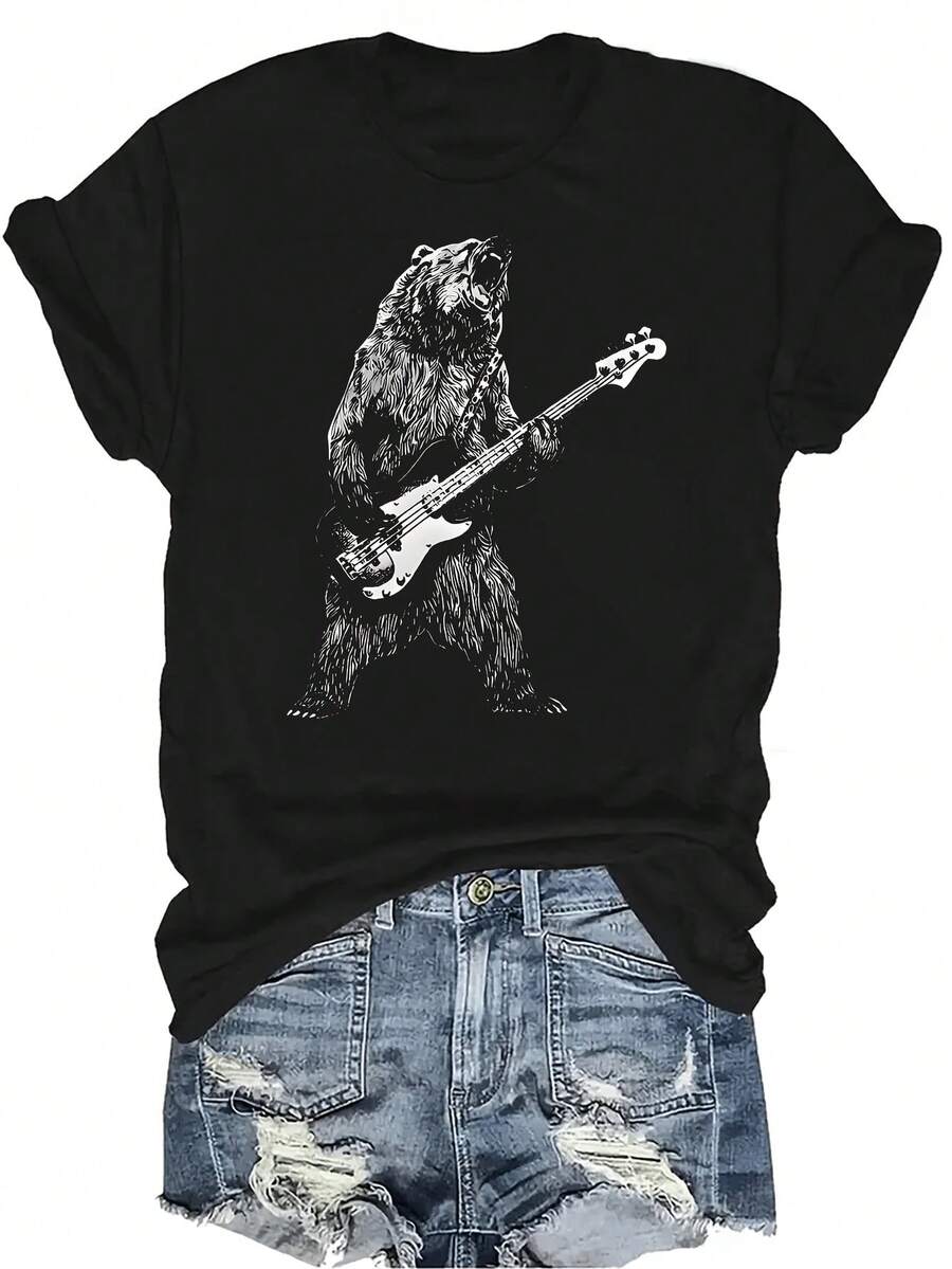 Camiseta con diseño de oso tocando bajo eléctrico para mujeres y unisex, de verano, casual, transpirable, de cuello redondo, de manga corta, de estilo urbano y versátil, adecuada para adolescentes y adultos - Negro - Ver 1