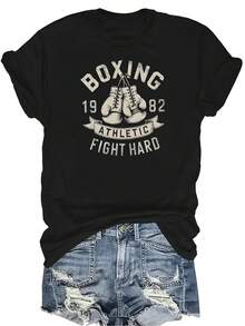 Camiseta gráfica con estampado de dos guantes de boxeo colgantes, para mujer y unisex, de verano, casual, transpirable, de cuello redondo, de manga corta, ropa de calle, versátil, adecuada para adolescentes y adultos - Negro - Ver 1