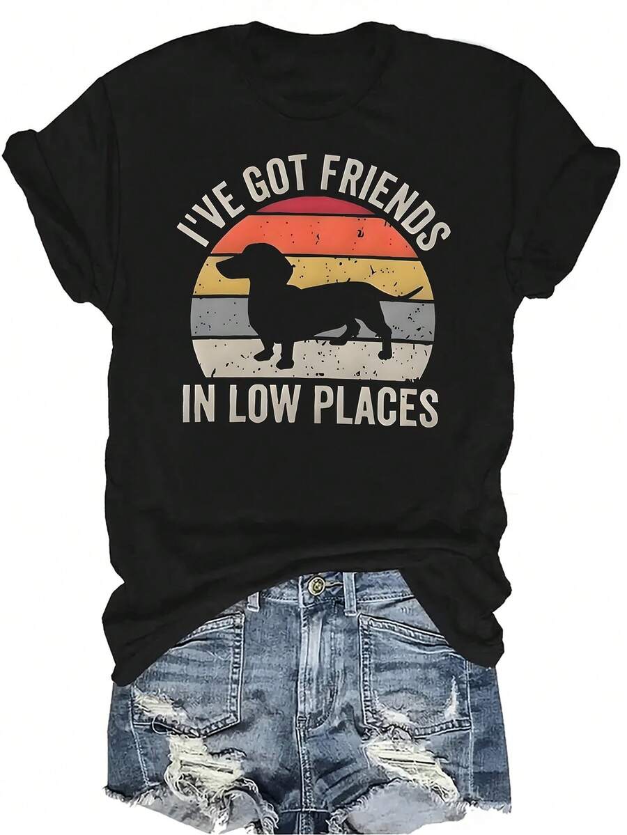 Camiseta "Tengo amigos en lugares bajos" para mujer y unisex, de verano, casual, transpirable, con personalidad, cuello redondo, manga corta, ropa de calle, versátil, adecuada para adolescentes y adultos - Negro - Ver 1