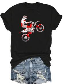 Camiseta de motociclista para mujer y unisex, de verano, casual, transpirable, con personalidad, cuello redondo, manga corta, ropa de calle, versátil, adecuada para adolescentes y adultos - Negro - Ver 1