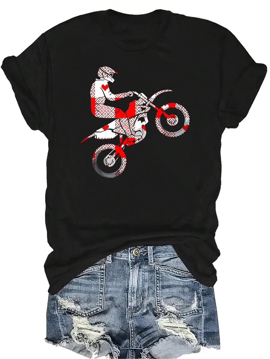Camiseta de motociclista para mujer y unisex, de verano, casual, transpirable, con personalidad, cuello redondo, manga corta, ropa de calle, versátil, adecuada para adolescentes y adultos - Negro - Ver 1