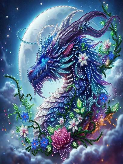 1 Set Moon & Dragon Diamond Painting Tool Kit, DIY Special Shape Crystal Diamond Partial Mosaic Handicraft, Handmade Art Craft Gift, Holiday Party Decor, Unframed Canvas Wall Art, Suitable For Bedroom, Office, Living Room