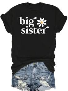 Camiseta de mujer de manga corta, cuello redondo, de estilo casual y transpirable, con texto "Big Sister" en lavanda y diseño floral, adecuada para adolescentes y adultos - Negro - Ver 1