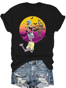 Camiseta de mujer y unisex con diseño de hombre esqueleto jugando baloncesto, de estilo casual y transpirable, de cuello redondo y manga corta, adecuada para adolescentes y adultos - Negro - Ver 1