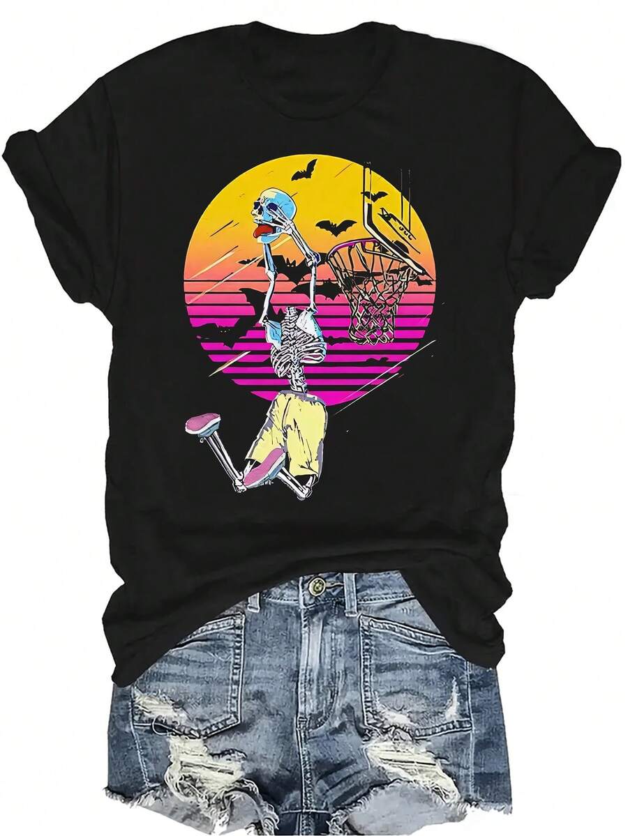 Camiseta de mujer y unisex con diseño de hombre esqueleto jugando baloncesto, de estilo casual y transpirable, de cuello redondo y manga corta, adecuada para adolescentes y adultos - Negro - Ver 1