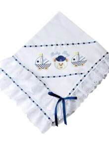 Baby Piquezinho Blanket Lined Embroidered With Laise And Ribbon - Navy Blue - View 1
