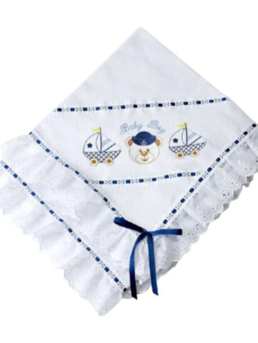 Baby Piquezinho Blanket Lined Embroidered With Laise And Ribbon - Navy Blue - View 1