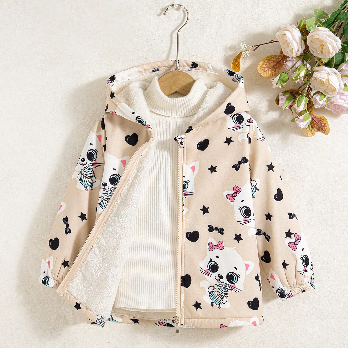 Chaqueta con capucha de forro polar con estampado de dibujos animados, ajuste regular, para niñas, para uso casual al aire libre, con forro térmico