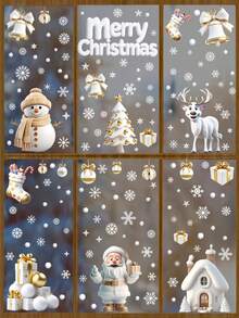 111pcs (9 Sheets) Christmas Glass Stickers, Snowflake, Santa Claus, Reindeer, Snowman Pattern Christmas Window Decorative Stickers, Suitable For Indoor Window Decoration During Winter Holidays - White & Gold Series