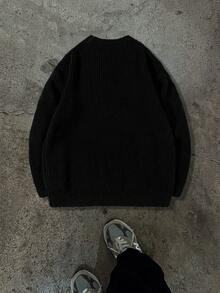 Lightweight Casual Textured Knit Sweater, Minimalist Design, Loose Fit Crew Neck Pullover For Unisex, Suitable For Autumn/Winter - Black - View 7