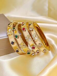4 件/套 18K 镀金不锈钢蝴蝶手链，适合女性日常佩戴，波西米亚风格，镶嵌彩色方晶锆石，大方个性化奢华黄金首饰，婚礼腕饰套装，女孩、女士、妈妈、亲戚、朋友，美丽的婚礼、生日、母亲节、女朋友情人节礼物 - 彩色 - 查看 2