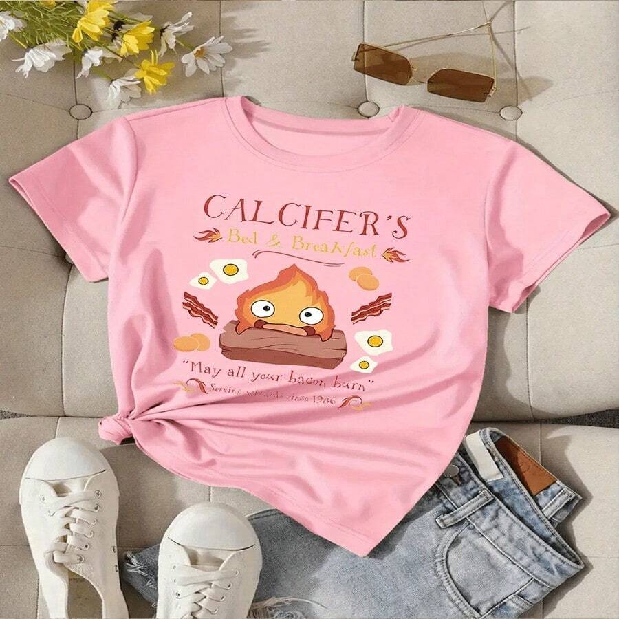 Camiseta Feminina Calcifer Castelo Animado Studio  Anime Unissex ENVIO IMEDIATO - Rosa Bebê - Visão 1