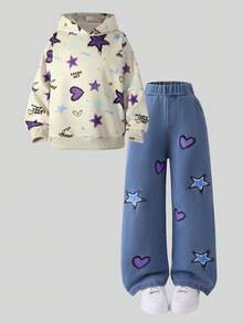 Girls Casual Loose Outdoor Apricot Heart & Star Print Hoodie Sweatshirt And Blue Heart & Star Print Jeans Set, Autumn - Khaki - View 5