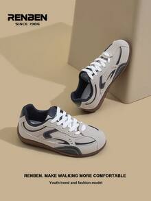 RENBEN 1 par de zapatillas retro de mujer en color gris, con cordones delanteros y bloques de color, nuevas zapatillas de plataforma versátiles y de moda de nicho para primavera/otoño 2025