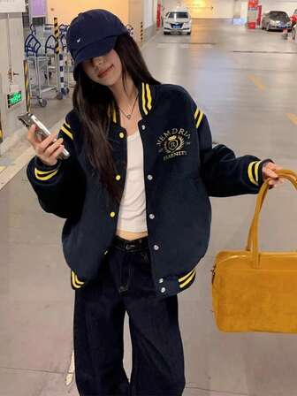 女式加厚罗纹领棒球夹克外套，休闲拼色宽松秋冬