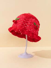 1pc Girls Winter Knitted Hollow Cherry Warm Hat, Fashion Kids Knitted Cap, Hand-Knitted Cherry Hat Suitable For 3-8Y