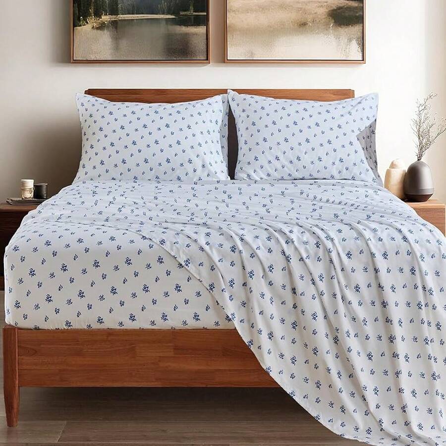Black Sheets, Deep Pocket, 1800 Thread Count, Soft Breathable, Cute Printed Boho Farmhouse Bed Sheets, Up To 18 Inch - Plumbago Blue - View 1