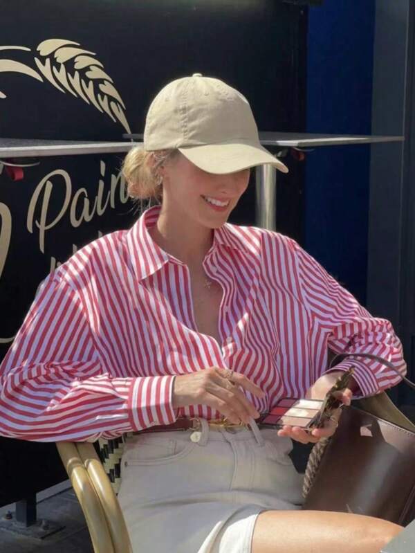 Classic Red & White Striped Casual Shirt With Regular Hem, Suitable For Everyday Wear