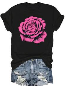 Camiseta sencilla con flor rosa para mujer y unisex, de verano, casual, transpirable y de personalidad, con cuello redondo y manga corta, versátil y adecuada para adolescentes y adultos - Negro - Ver 1