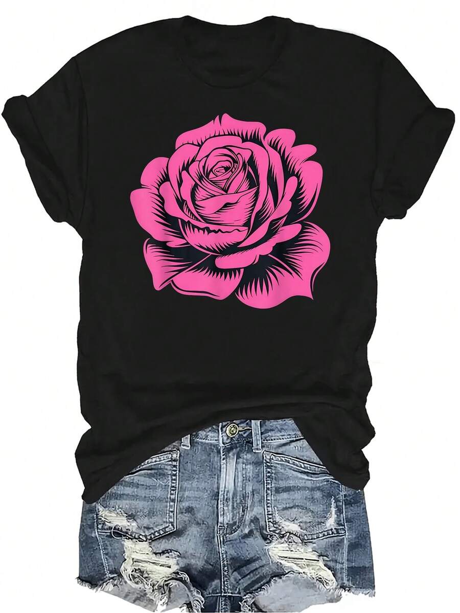 Camiseta sencilla con flor rosa para mujer y unisex, de verano, casual, transpirable y de personalidad, con cuello redondo y manga corta, versátil y adecuada para adolescentes y adultos - Negro - Ver 1