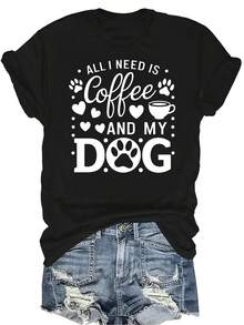 Camiseta de mujer y perro con café, unisex, de verano, casual, transpirable, de personalidad, cuello redondo, manga corta, ropa de calle, versátil, adecuada para adolescentes y adultos - Negro - Ver 1