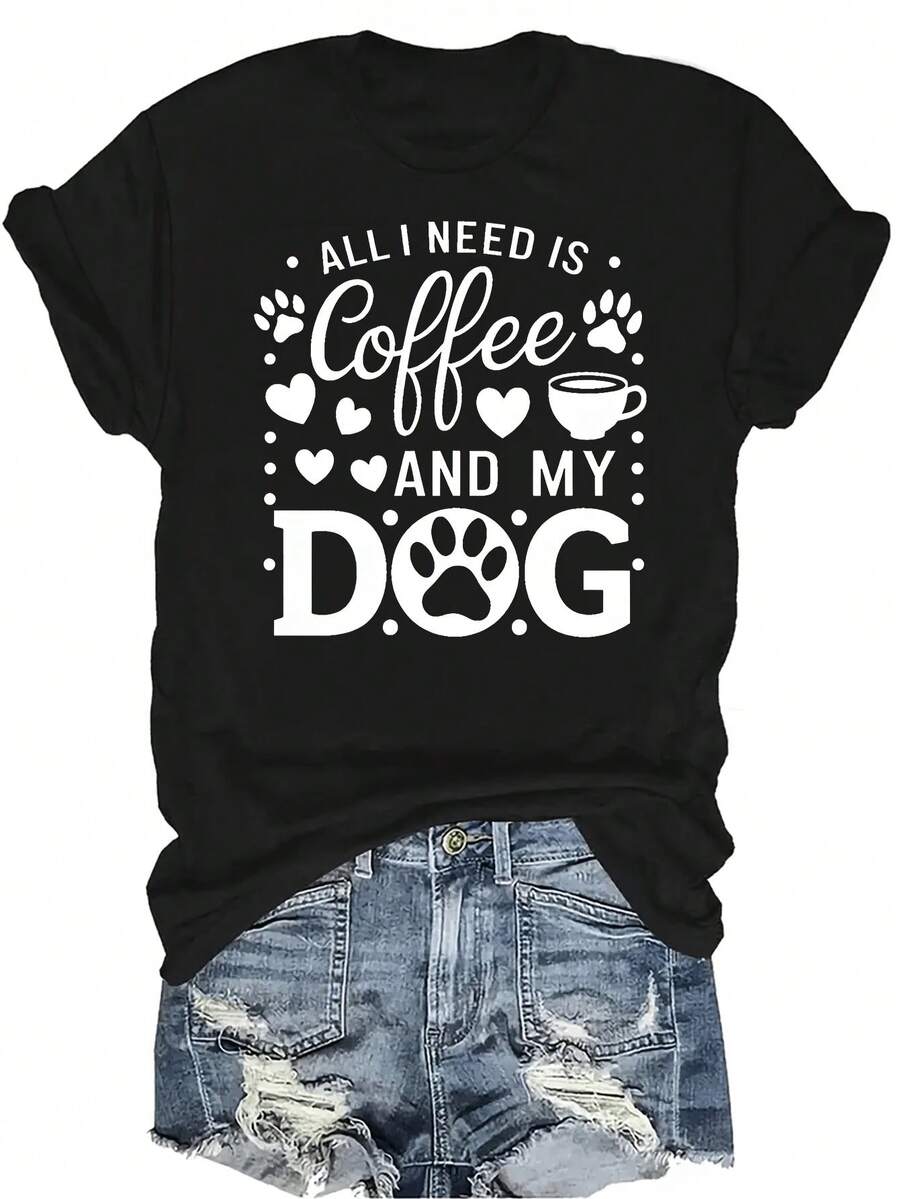 Camiseta de mujer y perro con café, unisex, de verano, casual, transpirable, de personalidad, cuello redondo, manga corta, ropa de calle, versátil, adecuada para adolescentes y adultos - Negro - Ver 1
