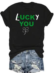 Camiseta con trébol de la suerte del Día de San Patricio para mujer y unisex, de verano, casual, transpirable, de personalidad, de cuello redondo, de manga corta, de uso versátil, adecuada para adolescentes y adultos - Negro - Ver 1