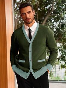 Men's Long Sleeve Button Down Knitted Cardigan Sweater With Pockets, Casual Style - 軍綠色 - 查看 4