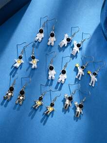 1/8/9 pares de pendientes de aleación con baño de plata, de colores múltiples, con diseños de estrellas, lunas y astronautas - Plateado - Ver 1