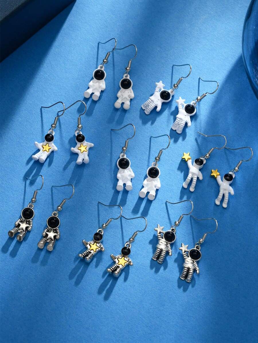 1/8/9 pares de pendientes de aleación con baño de plata, de colores múltiples, con diseños de estrellas, lunas y astronautas - Plateado - Ver 1