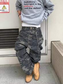 Men's Retro Street Camo Wide Leg Jeans - Army Green - View 6