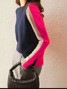 Women's Elegant Warm Knit Pullover Top, Versatile Color Block Long Sleeve, Suitable For Spring, Autumn, Winter - Hot Pink - View 5