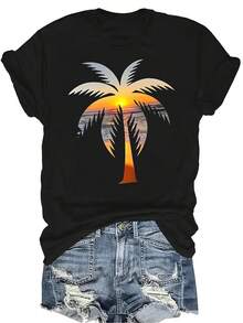 Camiseta con patrones interesantes para mujer y unisex, de verano, casual, transpirable, con cuello redondo, manga corta, estilo urbano y versátil, adecuada para adolescentes y adultos - Negro - Ver 1