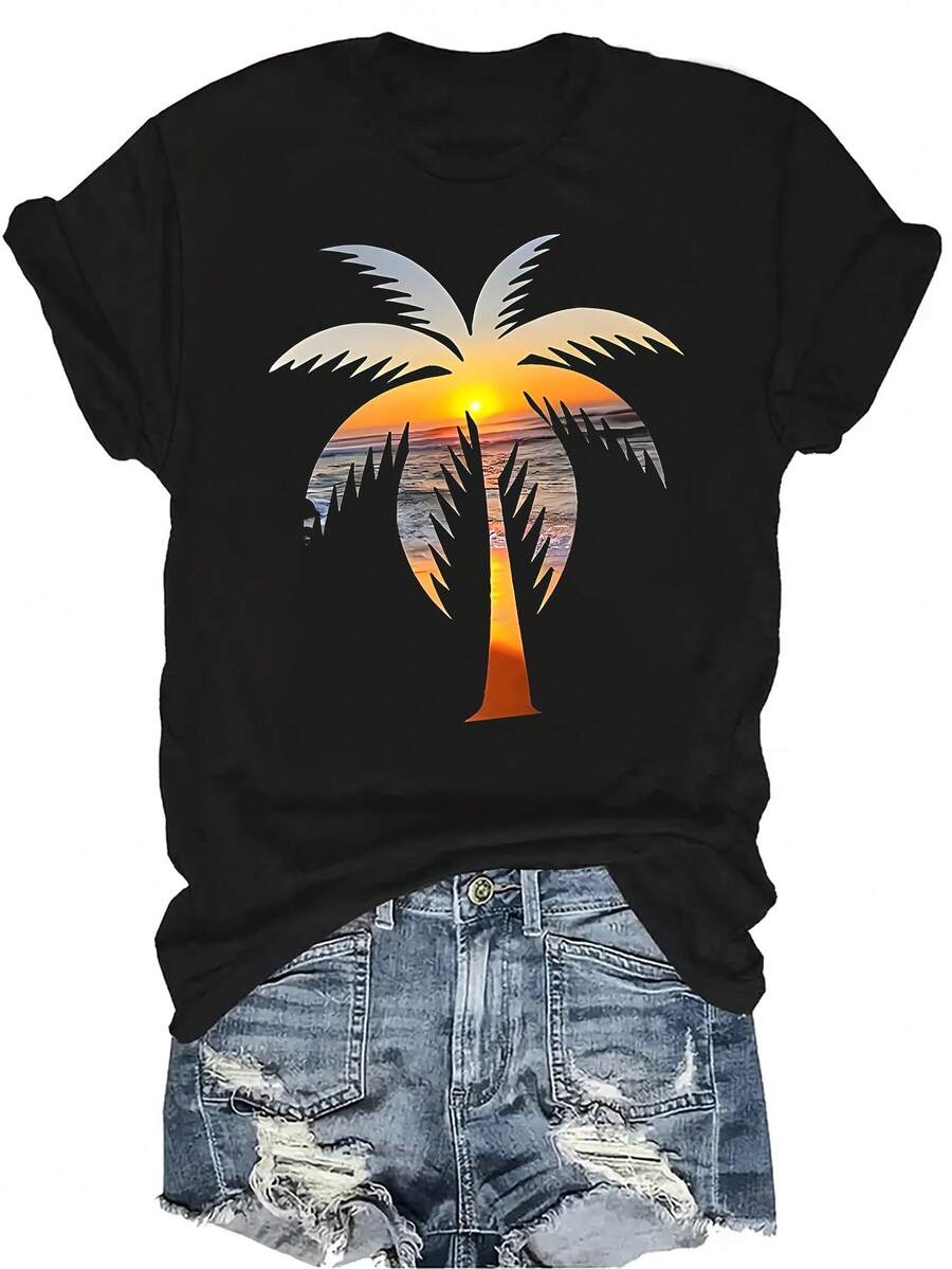 Camiseta con patrones interesantes para mujer y unisex, de verano, casual, transpirable, con cuello redondo, manga corta, estilo urbano y versátil, adecuada para adolescentes y adultos - Negro - Ver 1
