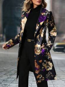 Long-Sleeved Single-Breasted Mid-Length Suit Jacket With Floral Pattern - Màu tím - Xem 7