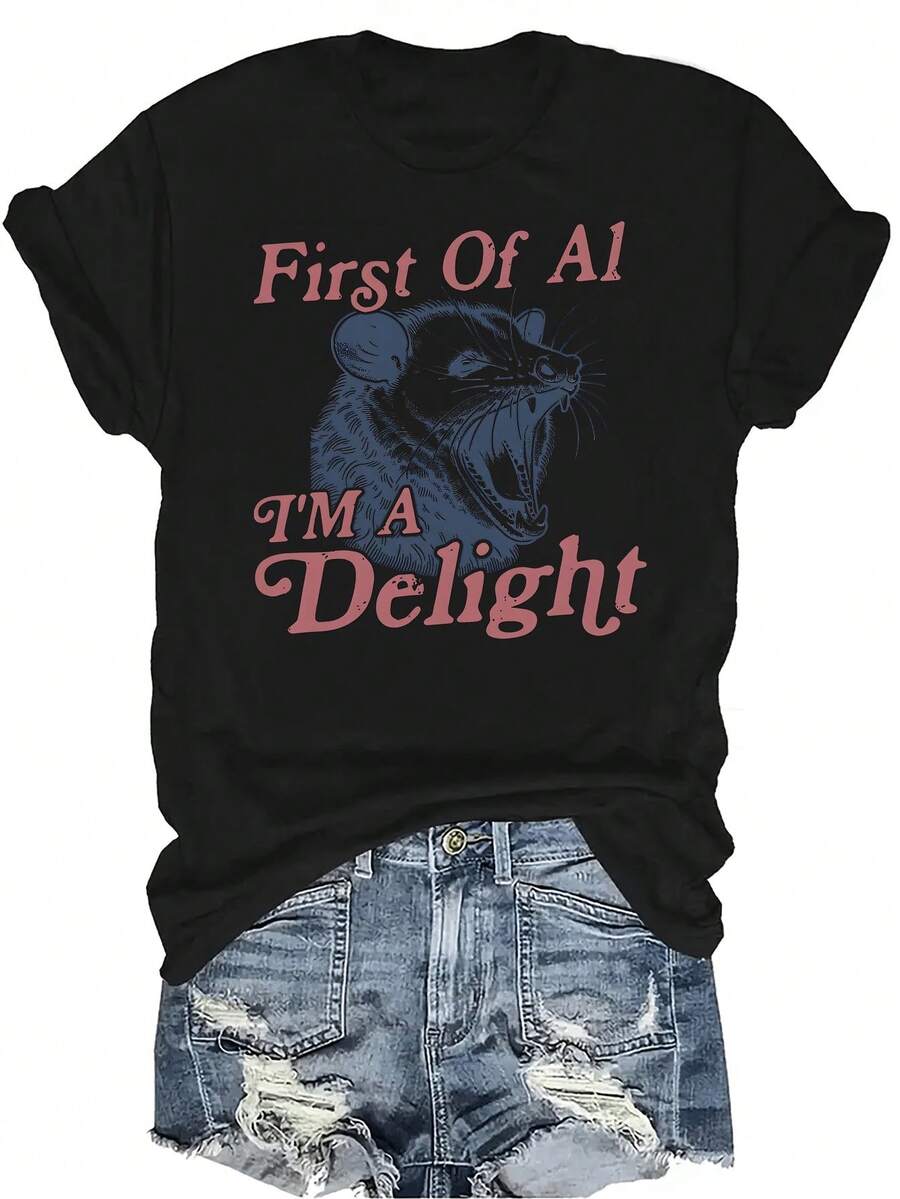 Camiseta "Soy un deleite" para mujer y unisex, de verano, casual, transpirable, con personalidad, cuello redondo, manga corta, ropa de calle, versátil, adecuada para adolescentes y adultos - Negro - Ver 1