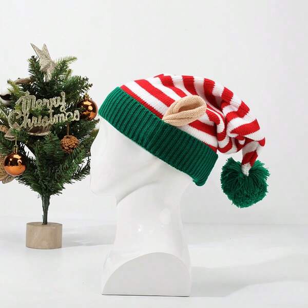 Christmas Hats For Men & Women, Christmas Theme Party Gift, Knitted Striped Cartoon Reindeer Long Beanie, Clown Hat