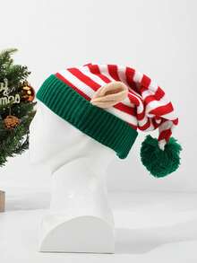 Christmas Hats For Men & Women, Christmas Theme Party Gift, Knitted Striped Cartoon Reindeer Long Beanie, Clown Hat - Green - View 12