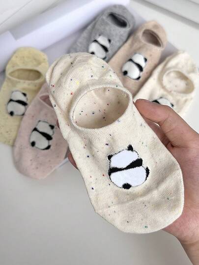 5 pares de calcetines de tobillo para mujer con diseño de lunares de panda, en blanco, gris, rosa y amarillo, transpirables y antideslizantes, cómodos, de colores aleatorios, aptos para primavera/verano