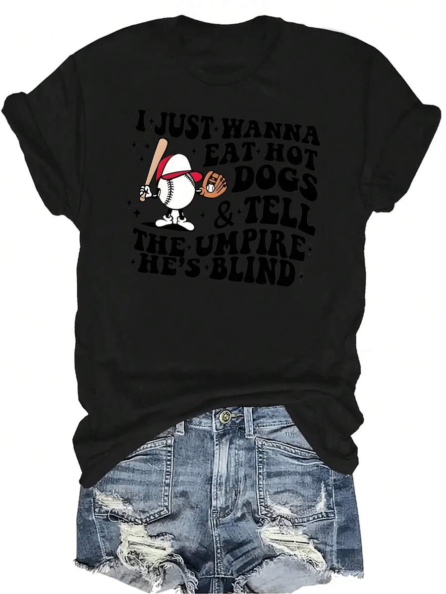 Camiseta para mujer y unisex de verano casual, transpirable y de personalidad con cuello redondo y manga corta, estilo callejero y versátil, adecuada para adolescentes y adultos que dice "Solo quiero comer perritos calientes, dile al árbitro que está ciego" - Negro - Ver 1