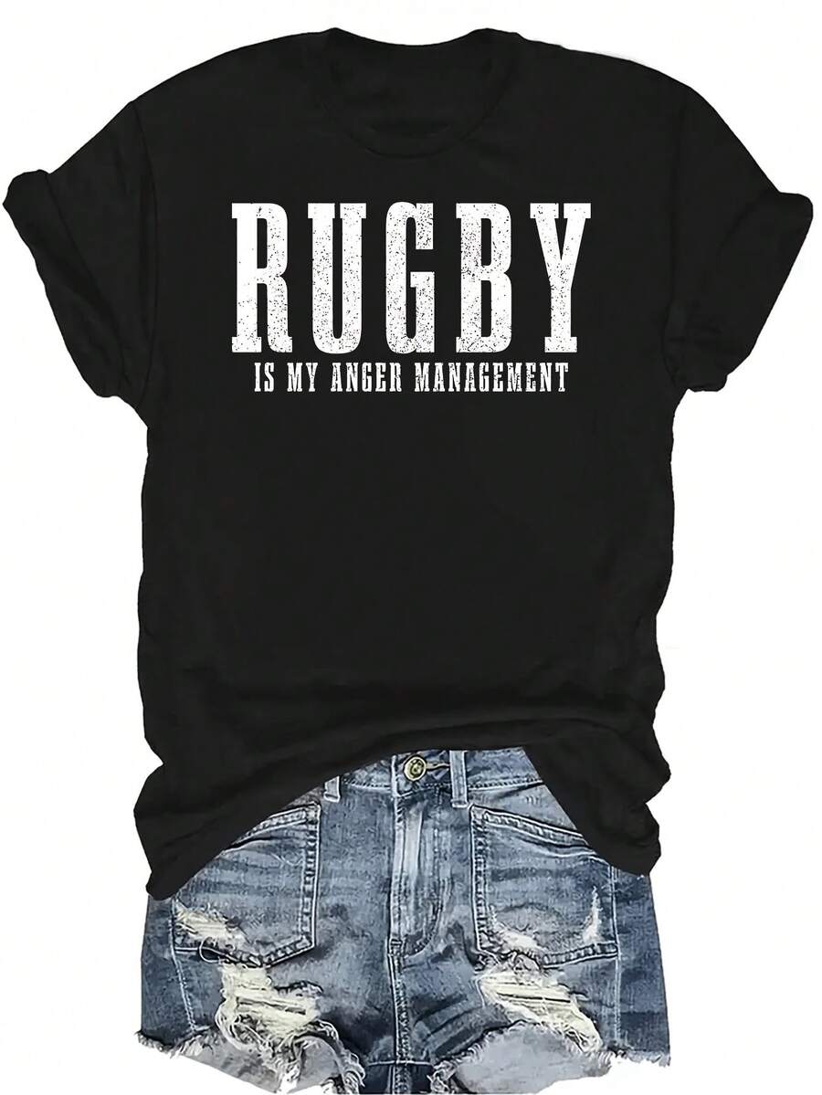 Camiseta de rugby divertida para fanáticos, para mujer y unisex, de verano, casual, transpirable, con personalidad, de cuello redondo, de manga corta, ropa de calle, versátil, adecuada para adolescentes y adultos - Negro - Ver 1
