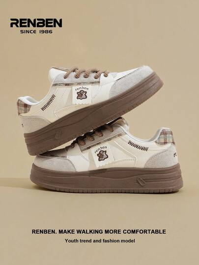 RENBEN 1双可爱米色帆布女鞋，正面系带，小幽灵图案，2025秋季新款万圣节系列，厚底，轻便，适合娇小身材，休闲，学院风，百搭白色鞋