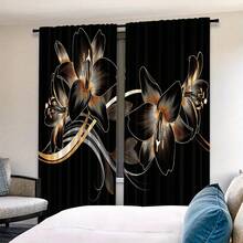 2pcs Black Floral Pattern Semi-Sheer Curtains, Modern All-Season Design, 100% Polyester, Light Filtering, Rod Pocket, Easy Hanging, Suitable For Kitchen, Laundry Room, Bedroom, Study, Living Room - Multicolor - View 1