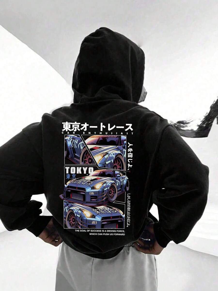 1PC Teen Boys Cool Tokyo Car Pattern Sweatshirt, And Eye - Catching, Essential For Car - Themed Parties In Spring And Autumn