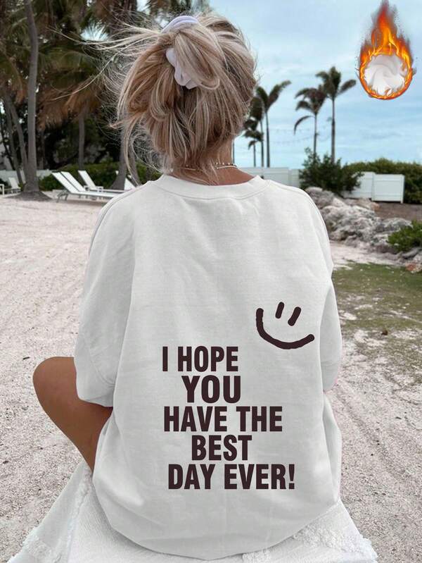 Slogan personalizado do alfabeto do sorriso, moletom feminino de algodão, top tomara que caia, curva confortável, super david, roupa básica, gola redonda, solta, casual, estilo universitário, primavera, verão, manga comprida