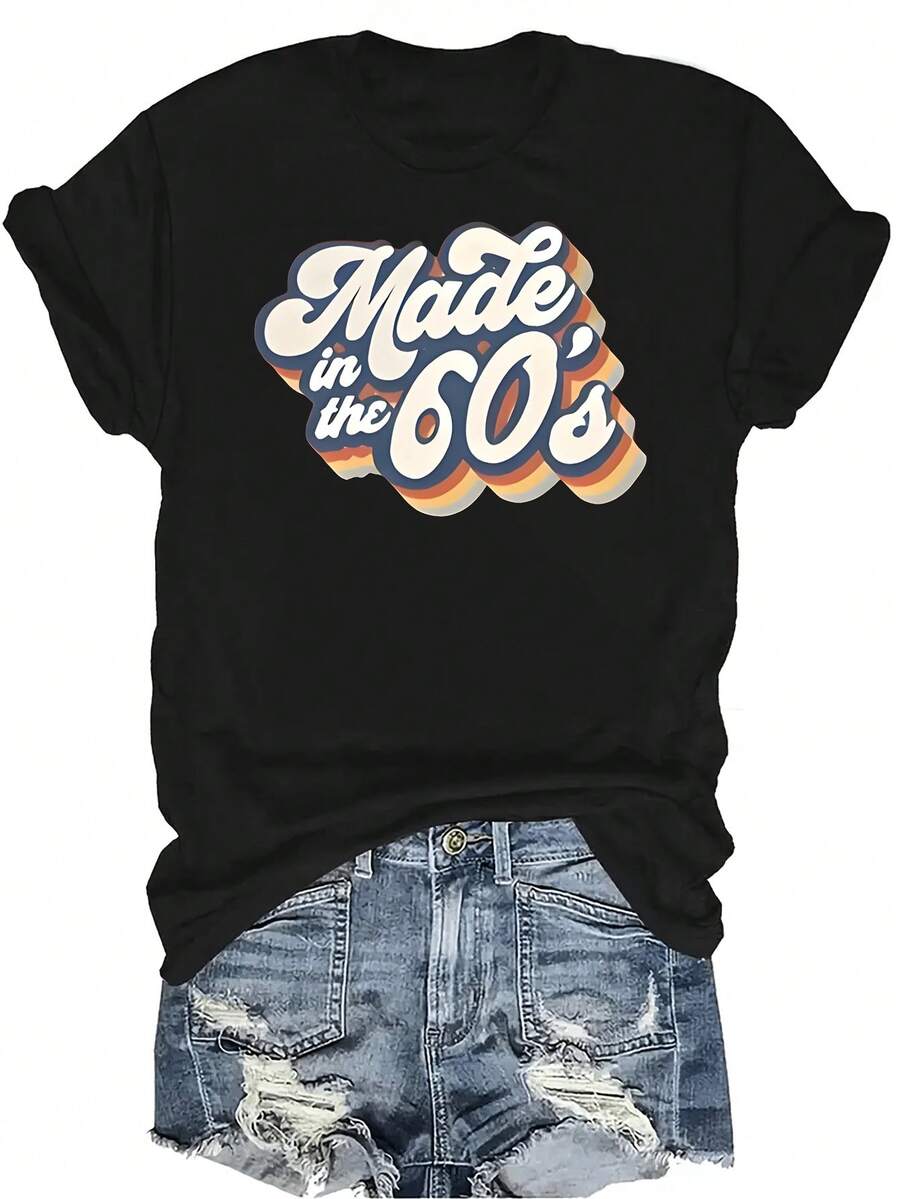 Camiseta "Hecho en los 60" para mujer y unisex, de verano, casual, transpirable, con personalidad, cuello redondo, manga corta, ropa de calle, versátil, adecuada para adolescentes y adultos - Negro - Ver 1