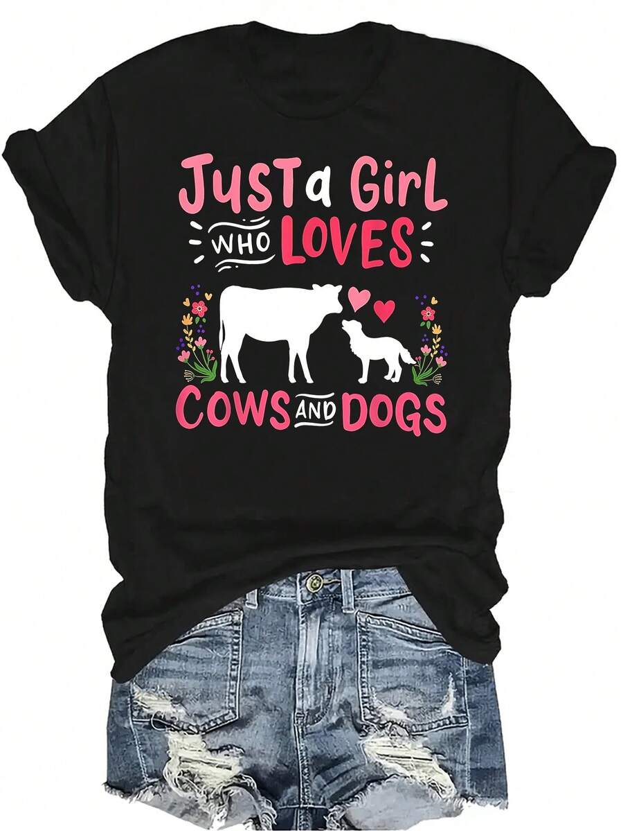 Camiseta de mujer y unisex "Solo una persona que ama a las vacas y a los perros", de verano, casual, transpirable, de personalidad, de cuello redondo, de manga corta, de uso versátil, adecuada para adolescentes y adultos - Negro - Ver 1