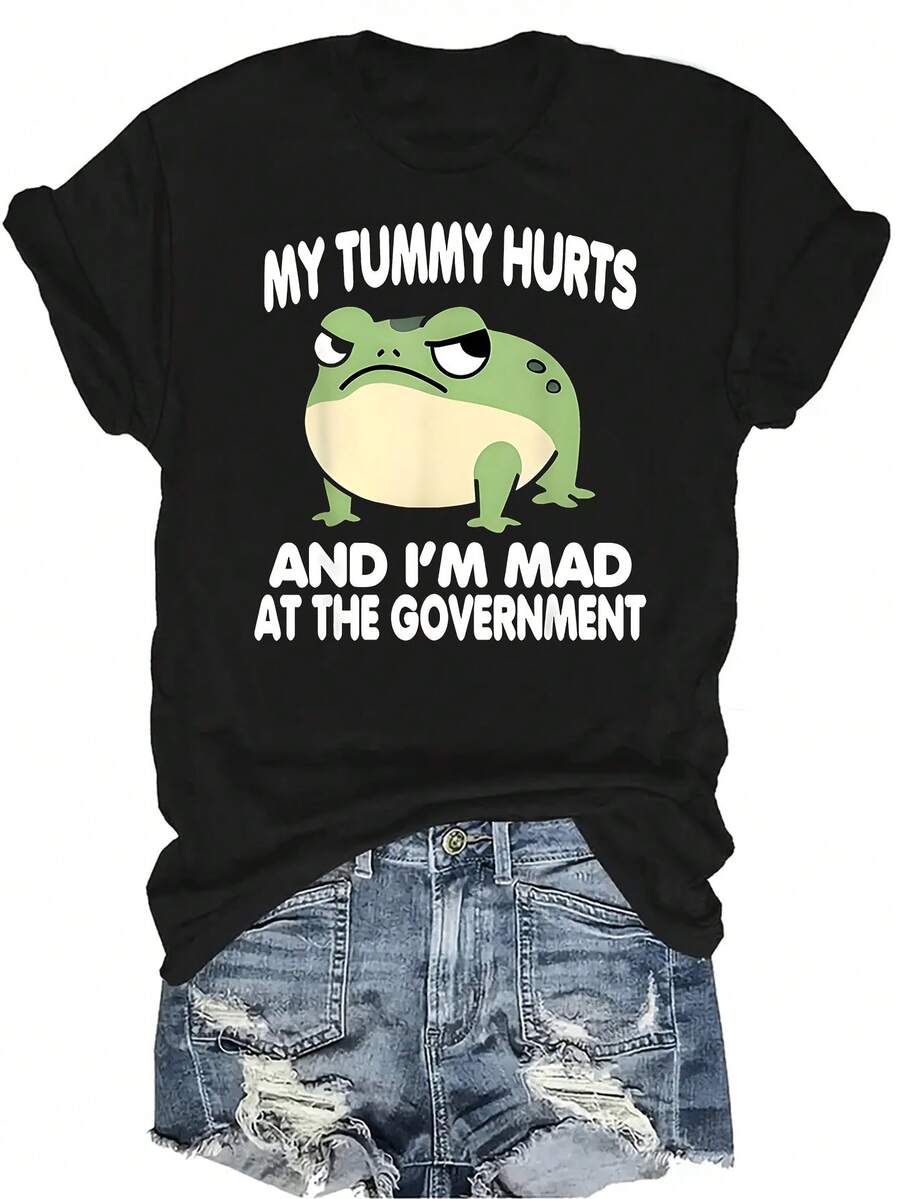 Mi estómago me duele y estoy ENOJADO con la camiseta del gobierno Mujeres Unisex Verano Casual Transpirable Personalidad Cuello Redondo Manga Corta camiseta Ropa de calle Versátil Top, Adecuado para adolescentes y adultos - Negro - Ver 1