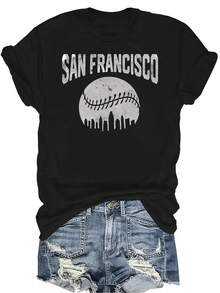Camiseta de fan de béisbol de San Francisco para mujer, unisex, de verano, casual, transpirable, con personalidad, cuello redondo, manga corta, ropa de calle, versátil, adecuada para adolescentes y adultos - Negro - Ver 1